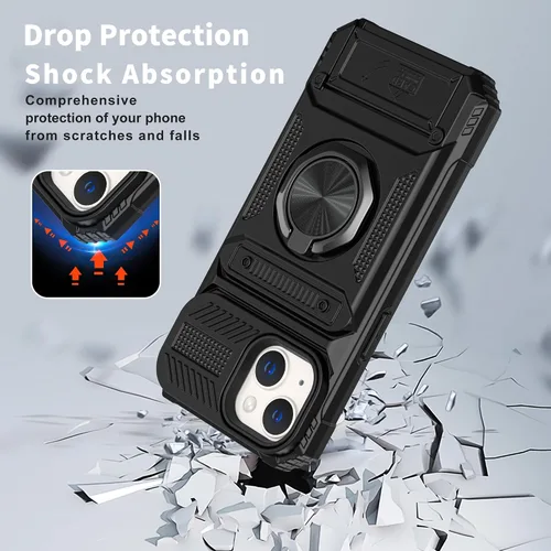 Vista 5 de Vofolen - Funda tipo cartera para iPhone 13 con tarjetero [tienda de 2 tarjetas], color negro 360°Magnetic Ring Stand Dual Layer Heavy Duty