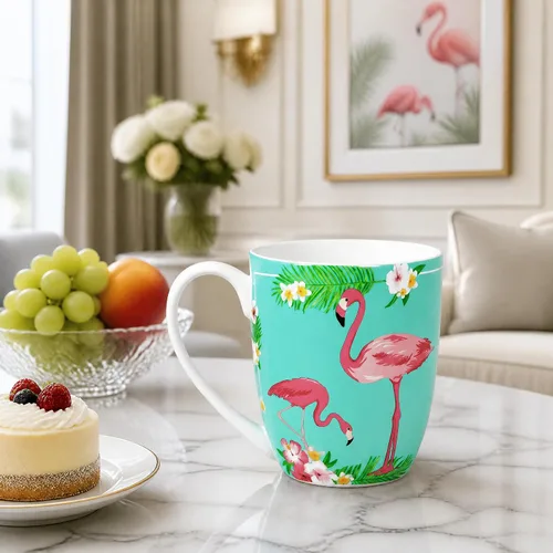 Vista 5 de Taza de porcelana de hueso flamenco de 12.5 oz con plantas tropicales Porcelana de hueso ligera, ideal para los amantes del flamenco, taza de café
