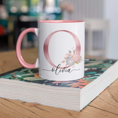 Vista 5 de Taza de café personalizada, regalo para mujeres, taza de café personalizada con nombre e inicial, 11 onzas, rosa, taza de cerámica personalizada