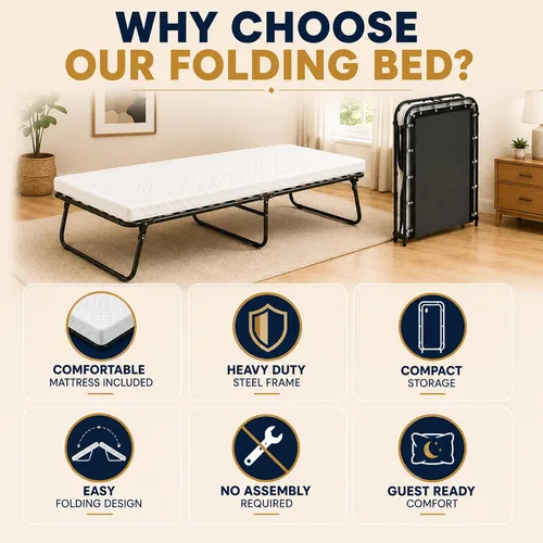 Vista 9 de Greaton, 14″ High Folding Guest Bed with 3″ Memory Foam Mattress – Sturdy Metal Frame, Easy Access for Seniors, Underbed Storage, Comfortable Bed
