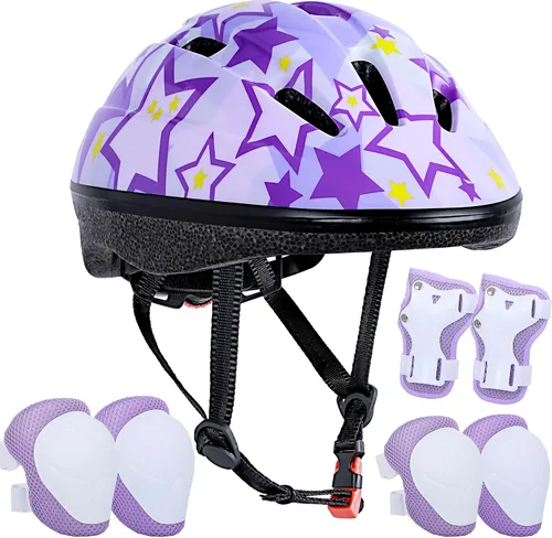 Vista 8 de Casco de bicicleta para niños de 3 a 8 años, casco ajustable para niños y niñas, casco ajustable con rodilleras, coderas, muñequeras