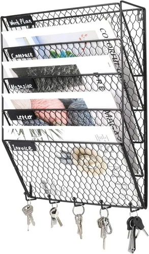 Vista 2 de Soporte de pared PAG para archivos, organizador de correo, metal, alambre de gallinero, soporte para pared, 3 niveles