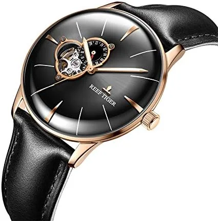 Vista 3 de REEF TIGER Relojes de vestir de lujo para hombre oro rosa Tourbillon relojes automáticos correa de cuero RGA8239