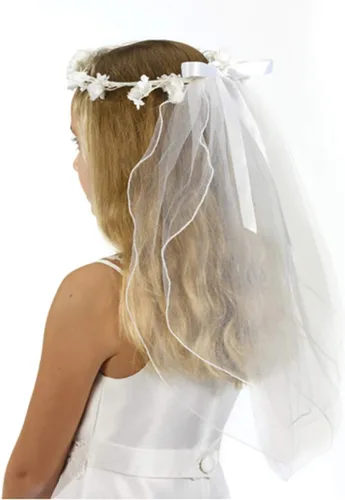 Vista 2 de My First Holy Communion - Velo de malla de nailon de 19 pulgadas con corona floral de seda, Blanco