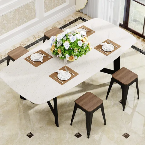 Vista 4 de HAOBO Home Taburete de metal industrial moderno con asiento de madera [Juego de 4] Silla de comedor apilable de 18 pulgadas, taburetes cortos Sin