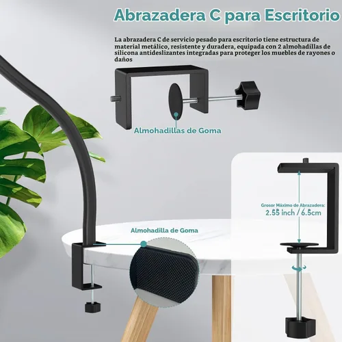 Vista 5 de Soporte para micrófono, 19.7 in de largo, flexible con brazo de cuello de cisne, soporte universal de clip de micrófono resistente adaptador de 3/8