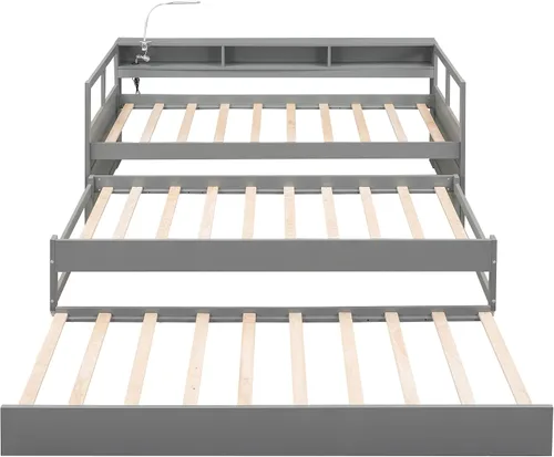Vista 6 de DEINPPA Sofá cama individual XL de triple capa con cubos de almacenamiento y luz de lectura, cama nido de madera con dos nidos adicionales