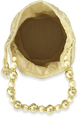 Vista 7 de Aheli Gold Potli - Bolsas de noche para mujer, bolso de mano étnico con cordón (P70G), Oro