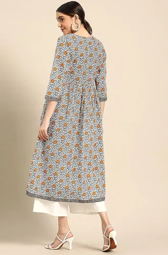 Vista 5 de Janasya Mujer Algodón Blanco Verano Casual Estampado Floral 34th Manga Cuello en V Fluido Angarakha Kurta