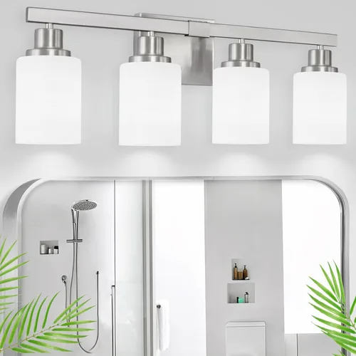 Vista 15 de Juego de 2 apliques de pared para baño, 1 luz negra, apliques de pared modernos para interiores con pantallas de vidrio blanco, lámpara de pared