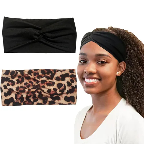 Vista 7 de Hjiaruiky 2 diademas de turbante para mujer, bohemias, elásticas, a la moda, de tela anudada, bonita, gruesa, para mujeres y niñas, color negro