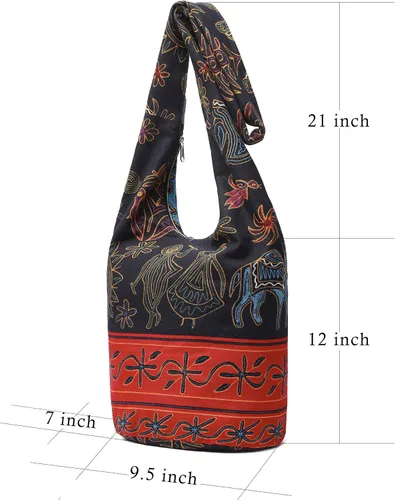 Vista 2 de Bolsa de hombro para mujer, de lona en estilo hippiebohemio para llevar cruzada al hombro, disponible en diferentes colores y estampados