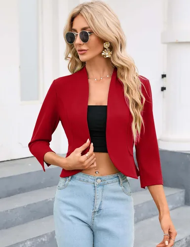 Vista 3 de KOJOOIN Blazer corto para mujer, casual, de negocios, manga 34, sin cuello, frente abierto, chaqueta de trabajo