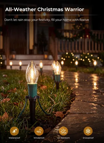 Vista 4 de Brightown C9 LED Christmas Pathway Lights, 25.8 Ft Christmas Path Lights with 20 Bulbs and Stakes, Connectable Waterproof String Light for Walkway