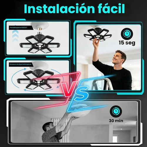 Vista 4 de Luyata Paquete de 4 luces LED de garaje, luz LED de techo de 180 W, 18000 lúmenes, 6500 K, luz LED atornillada con 5+1 paneles deformables