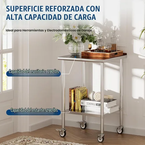 Vista 2 de Mesa de trabajo de acero inoxidable con ruedas, 24x24 pulgadas, mesa de preparación de alimentos NSF con salpicadero y estante inferior ajustable