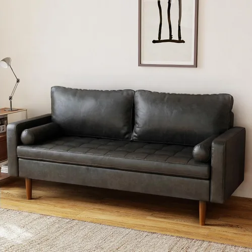 Vista 9 de Sofá biplaza de 70 pulgadas, sofás vintage de mediados de siglo, 2 asientos, piel sintética con marco de madera maciza, asiento profundo, 2