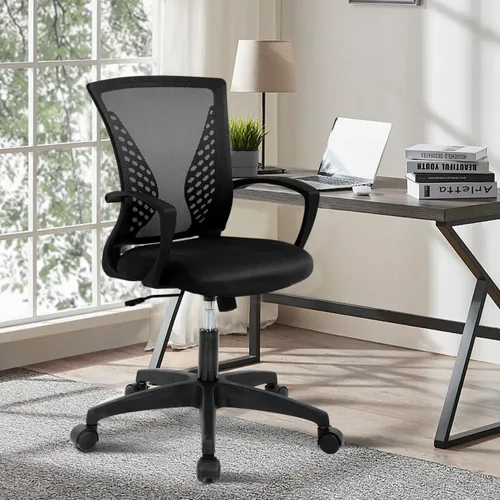 Vista 11 de Silla de oficina de malla con ruedas, silla de escritorio ergonómica de respaldo medio con brazos y soporte lumbar, cómoda silla de computadora