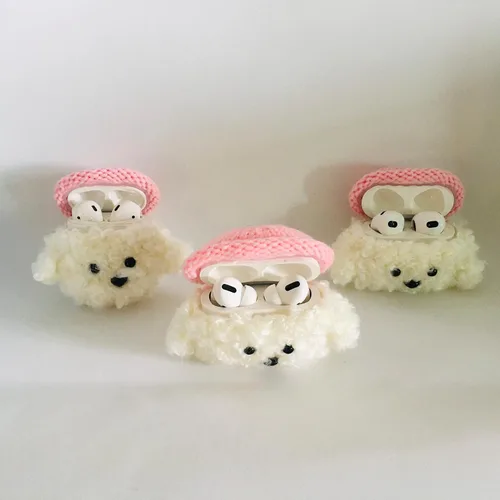 Vista 5 de Lindo estuche de felpa suave hecho a mano de piel blanca esponjosa para perros y perritos de peluche para Airpods2 Airpod de dibujos animados