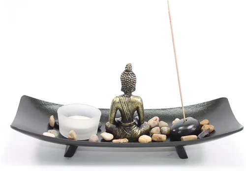 Vista 4 de Portavelas decorativo de Buda con jardín de rocas para la mesa