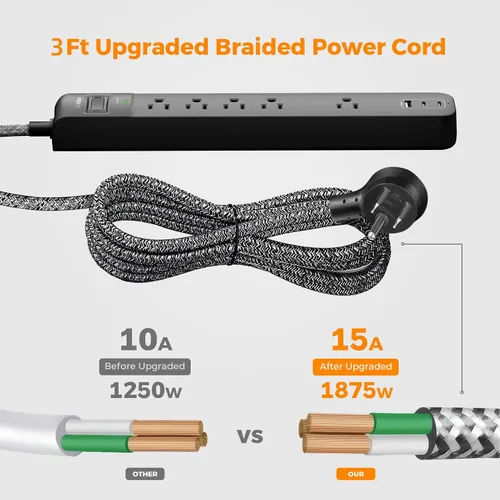 Vista 7 de Paquete de 2 Regletas Cortas con Protector de Sobretensiones - Addtam Regleta USB C, Cable de Extensión Plano de 3 pies con 5 Enchufes Ampliamente