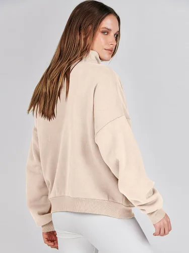 Vista 5 de ANRABESS Sudaderas con media cremallera para mujer, sudaderas cortas de gran tamaño, con cremallera de un cuarto, suéter de forro polar, suéter