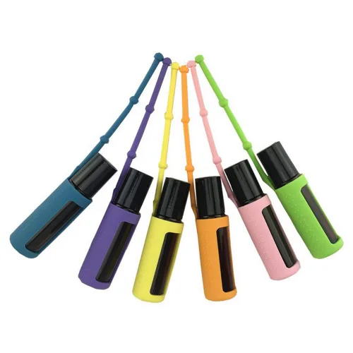 Vista 6 de ConStore Funda protectora de silicona para botella de aceite esencial, funda protectora de viaje con cuerda colgante, 12 uds