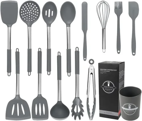 Vista 9 de Juego de 14 utensilios de cocina de silicona resistentes al calor, de acero inoxidable, cuchara, pala (negro)