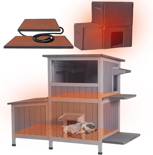 Vista 10 de GUTINNEEN Casa Grande para Gatos al Aire Libre Resistente a la Intemperie con Puertas de Escape, Madera Maciza Aislada Más Gruesa, Porche Grande