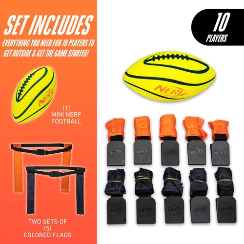 Vista 2 de Nerf - Cinturones de fútbol con bandera de 10 jugadores + juego de pelotas, banderas juveniles + fútbol de espuma junior para niños, kit completo