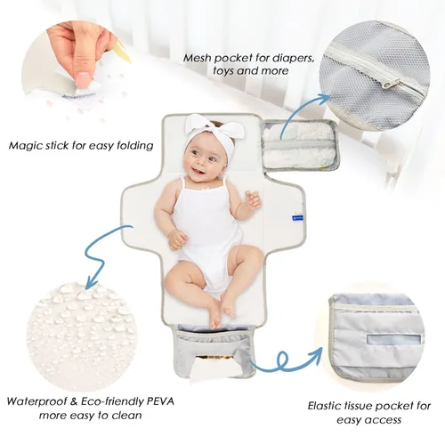 Vista 3 de Whimsical Critters Portable Changing Pad with Built-in Pillow, Waterproof Foldable Baby Diaper Changing Pads, Diaper Mat for Boys and Girls