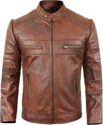 Vista 3 de Lambskin Leather Jacket for Men - Vintage Distressed Brown Biker Coat