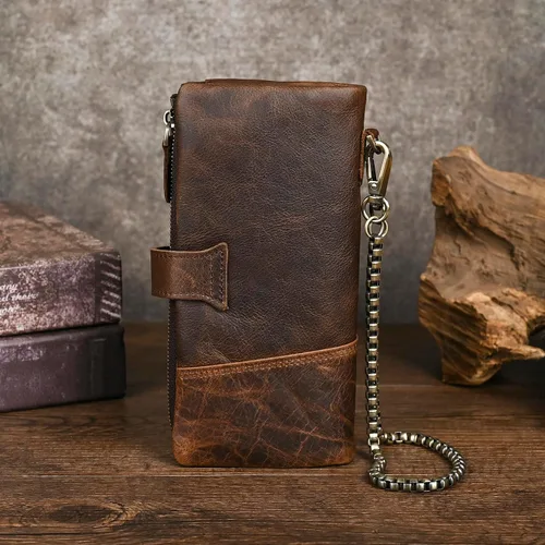 Vista 2 de Genuino Caballo Loco Cuero Regalo de Viaje Moneda Bolsillo Tarjetero Organizador Largo Cadena Rfid Cartera Monedero Con Broche Para Hombres Hombres