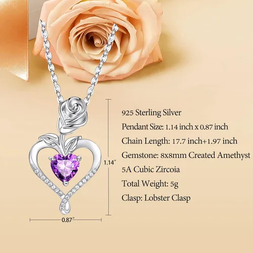 Vista 3 de Collares de piedra natal para mujer, a la moda, collar con colgante de corazón de flor de rosa de plata de ley 925, chapado en oro blanco de 14