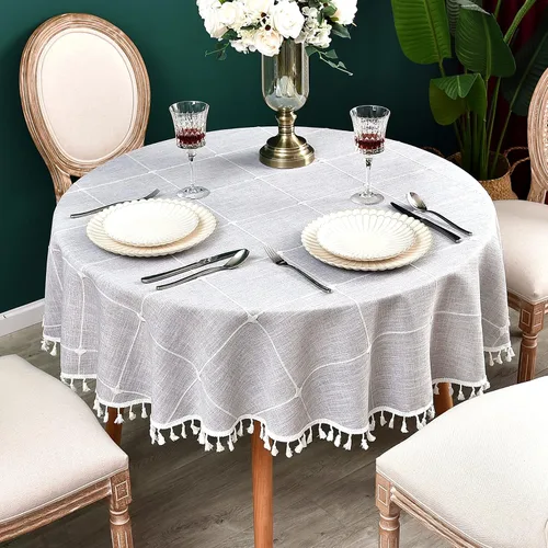 Vista 13 de Mantel redondo a cuadros de 36 pulgadas de algodón y lino, mantel redondo grueso, cubierta para mesa de café para casa de campo, cocina, comedor