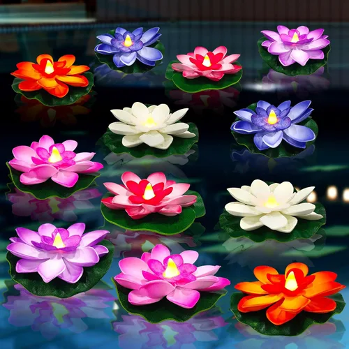Vista 8 de Paquete de 6 velas de té de loto flotantes – Velas LED de lirio de agua de 4 pulgadas para piscina, baño, boda, decoración de fiesta, luces