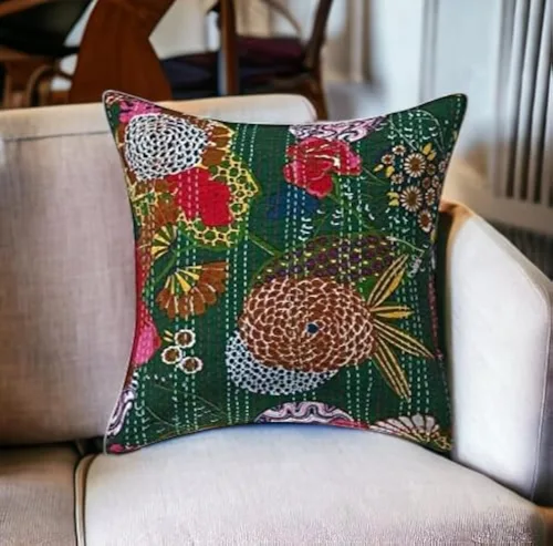 Vista 26 de Funda decorativa chic bohemia hippie para sofá, funda de almohada hecha a mano con frutas Kantha, de algodón, fundas de almohada bohemias