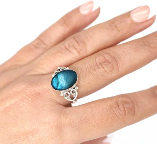 Vista 2 de Boho - Anillo de plata de ley 925 con piedras preciosas naturales de cuarzo rosa, perla, ámbar, lapislázuli ovalado