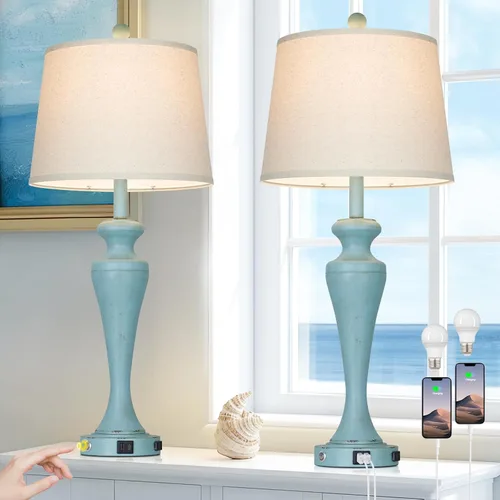 Vista 18 de Lámpara de mesa marrón oscuro de 30 pulgadas, lámpara de noche individual con control táctil de 3 vías con puertos USB A+C y salida de CA, lámparas