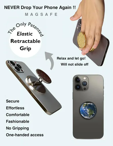 Vista 2 de HANDL O MagSafe - Agarre y soporte de cuero negro para teléfono, agarre magnético extraíble, soporte retráctil para dedos POPL Tap-to-Share Contact