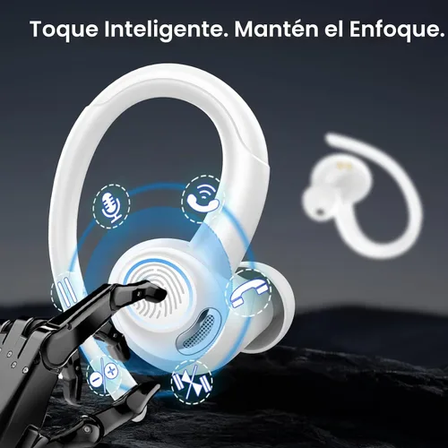 Vista 9 de Auriculares inalámbricos deportivos, Bluetooth 5.3, auriculares estéreo 3D con ganchos para los oídos, auriculares Bluetooth 48H micrófono 2-Blanco