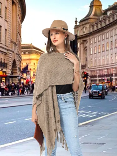 Vista 7 de Soul Young - Chal de punto para mujer, poncho con flecos y capa
