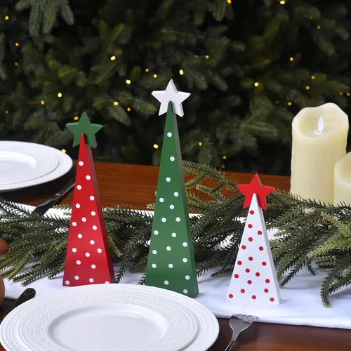 Vista 7 de GHOSTMAGIC 3 piezas de árboles de Navidad de madera, decoración de mesa, letreros rústicos de mesa de árbol de Navidad de doble cara, centros