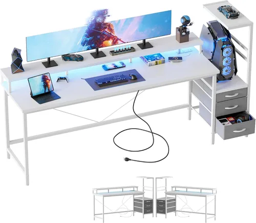 Vista 13 de Mericonia Escritorio para juegos con tomas de corriente y luces LED, escritorio reversible para computadora con soporte para caja de PC, cajones