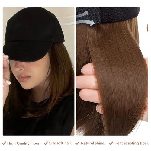 Vista 2 de SEGO Gorra de béisbol con extensiones de cabello para mujer, resistente al calor, sintético, 6 pulgadas, ajustable, corta, recta, peluca de repuesto