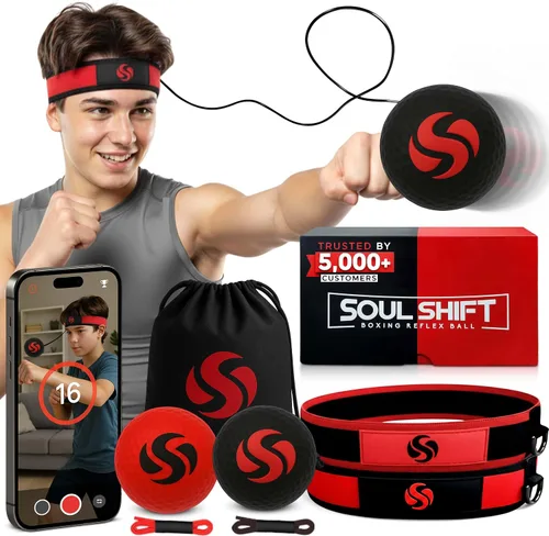 Vista 8 de Soul Shift - Boxing Reflex Ball – Dual Competition Set 2 Adjustable Headbands + 2 Training Balls + App Included Speed, Agility & Hand-Eye