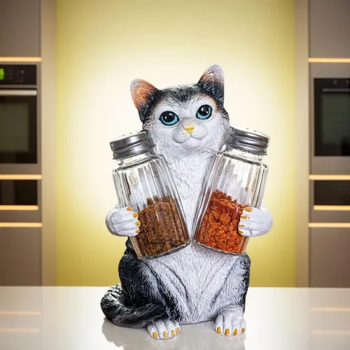 Vista 4 de Juego de salero y pimentero de resina con soporte y tarros de especias de cristal, decoración de cocina para amantes de los gatos, figura de gato