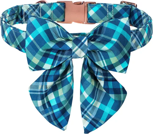Vista 7 de Maca Bates - Collar de perro azul a cuadros con corbatín marinero con estampado de cuadrícula para cachorros, collar de cuadros ajustable, duradero