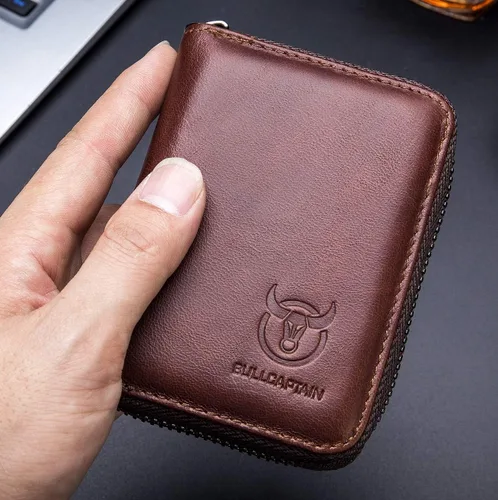 Vista 4 de BULLCAPTAIN Cartera de cuero genuino para hombre, tarjetero con cremallera para tarjetas de crédito, Marrón