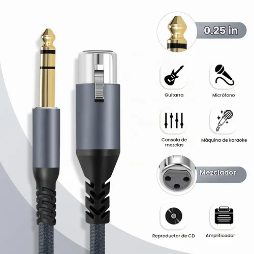 Vista 4 de Twozoh Cable corto XLR hembra a 1/4 TRS de 1 pie, trenzado conector estéreo de 0.250 in equilibrado a cable de micrófono XLR de 3 pines